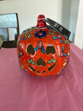 Martha Stewart Pumpkin Candle Holder Folk Talavera Style Jack O Lantern 9”t X 8”